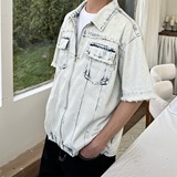 浅蓝色西部牛仔短袖衬衫男夏季美式高街正肩半袖户外轻薄防晒衬衣，男装工装外套，星座513