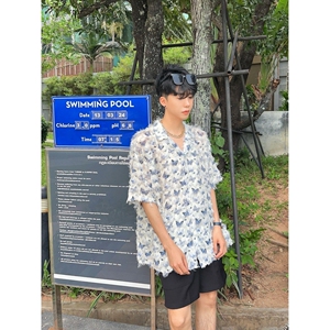 港风新款男碎花衬衫长袖潮流薄款宽松防晒衬衣潮513DX1446P39图片