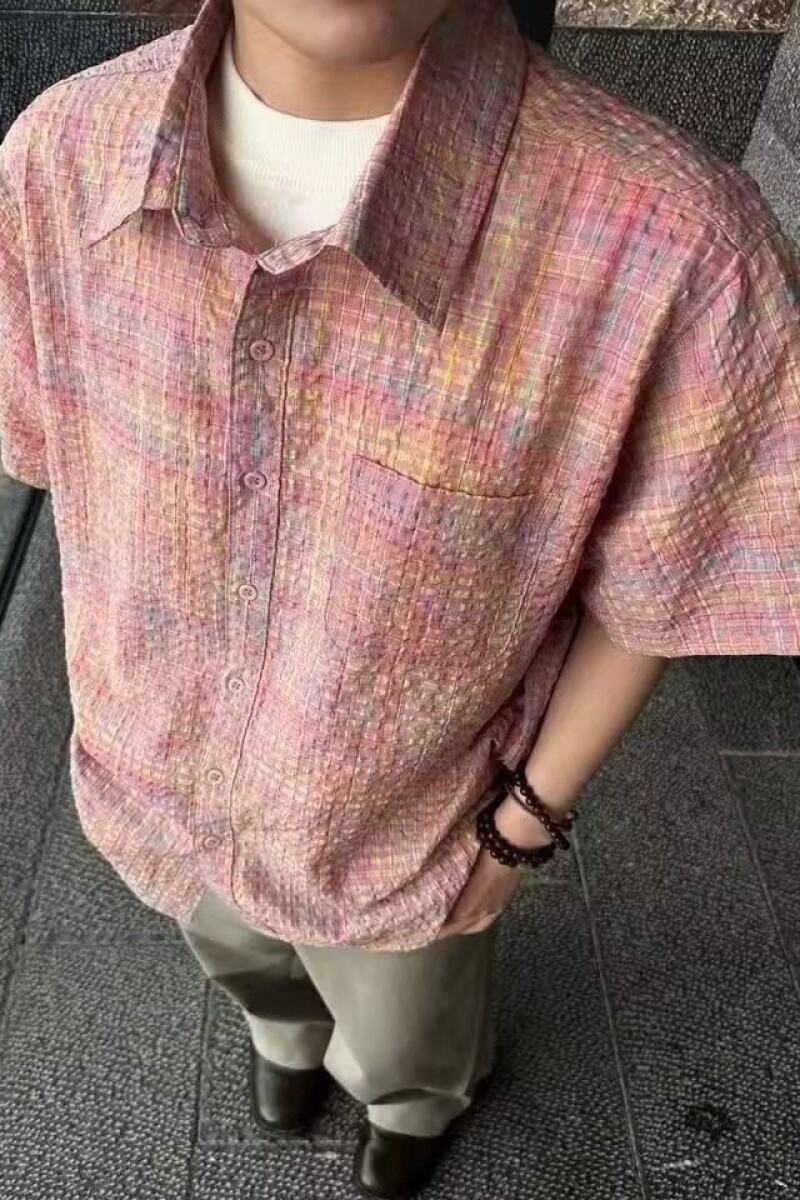 粉色织格纹泡泡纱交叉育克短袖衫衬衣外套513DX487P25,男装T恤,星座513
