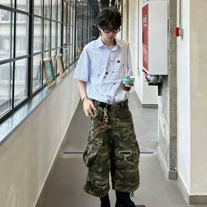 美式高街复古迷彩破洞多口袋工装短裤男女夏宽松中裤513DK1282P45,男装牛仔裤,星座513