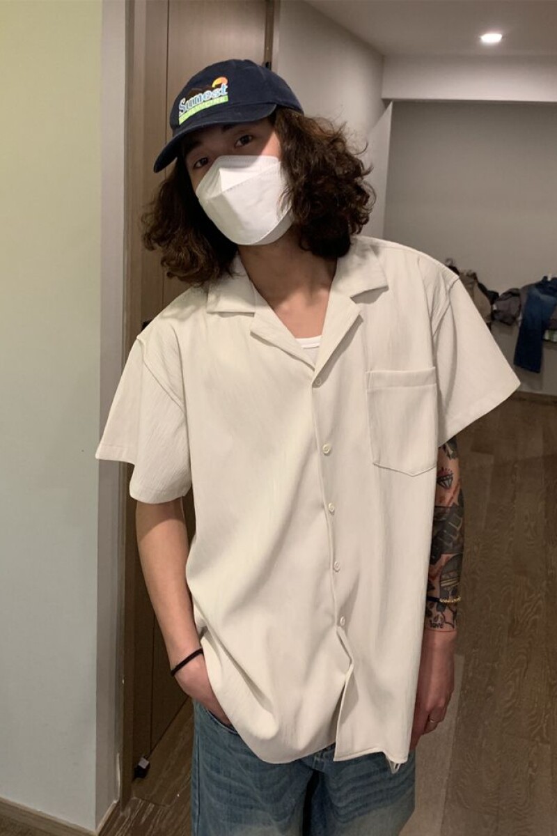 夏日系复古小细纹坑条短袖衬衫男古巴领纯色情侣衬衣513DX1453P33,男装T恤,星座513