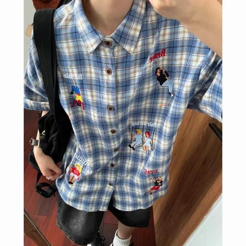 美式复古格子短袖衬衫男女夏季宽松刺绣衬衣情侣513DX1120P32,男装T恤,星座513