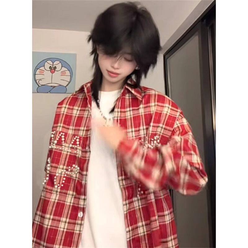 美式复古珍珠字母格纹衬衫长袖休闲男女同款外套衬衣513CS1617P47,女装衬衫,星座513