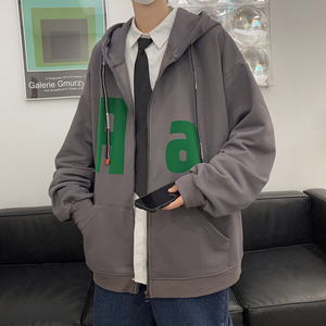新款秋季连帽卫衣潮字母植绒印花拉链开衫外套男514-7WY03P60