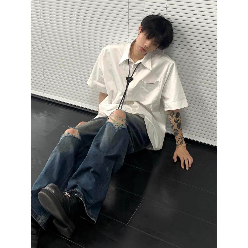 现货夏季高级感衬衫男短袖宽松上衣纯色休闲衬衣513DX1356P33,男装T恤,星座513