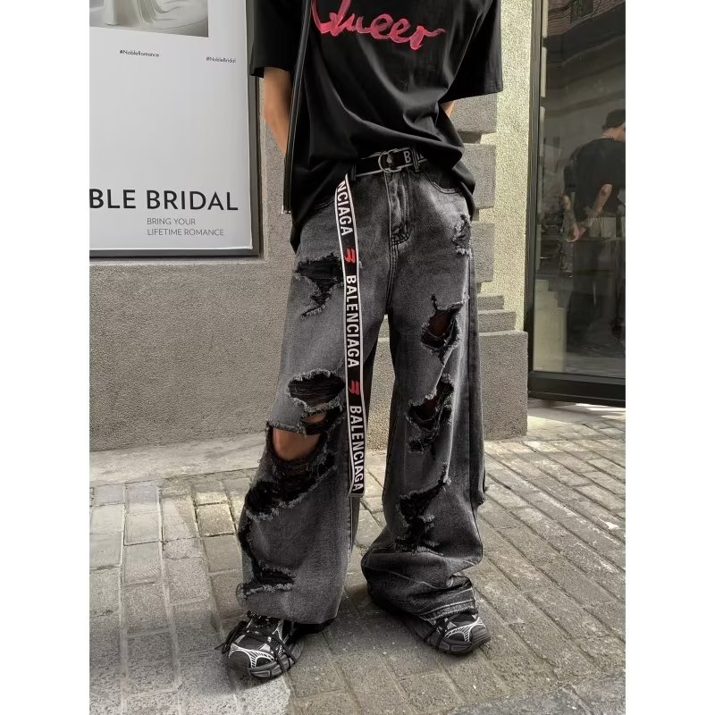 美式高街潮流男女同款破洞乞丐牛仔长裤百搭嘻哈裤子513CK158P45图片