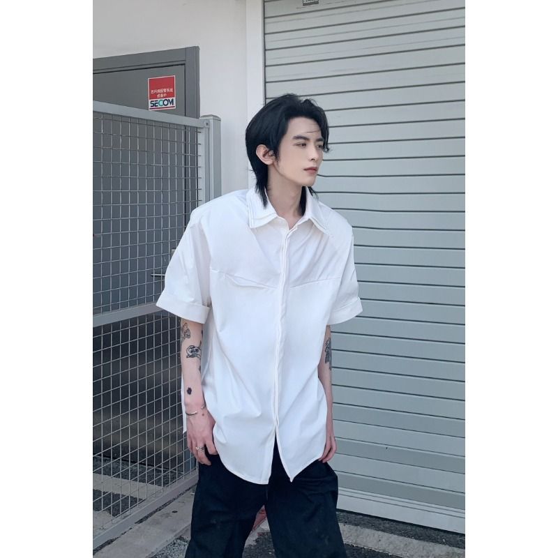 双层领立体褶皱垫肩短袖衬衫宽松慵懒上衣513DX1397P35，男装T恤，星座513