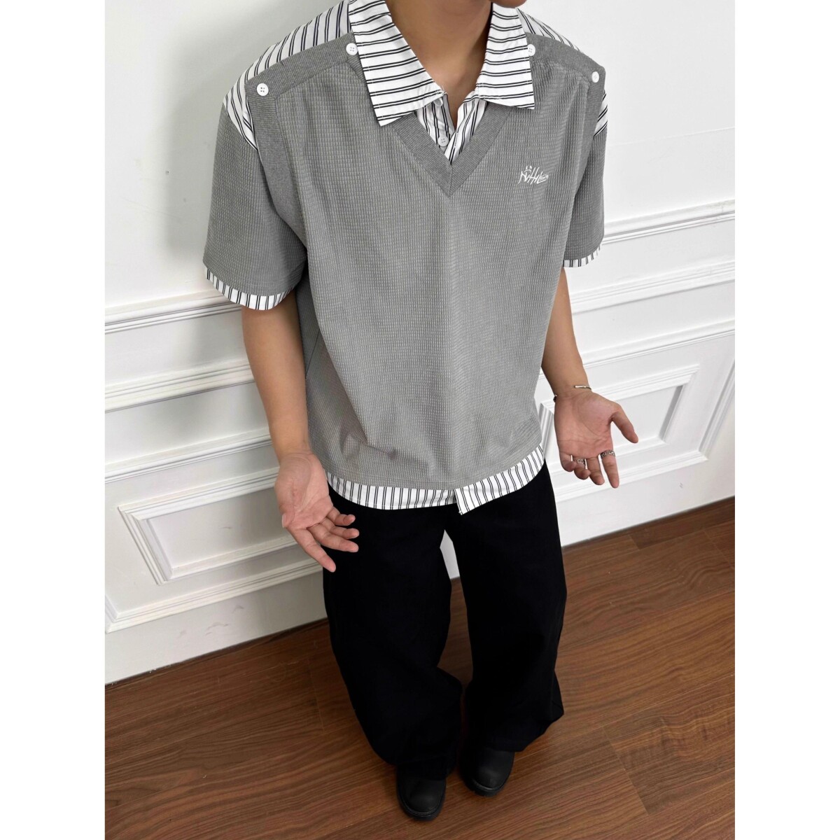 假两件拼接设计感刺绣polo领t恤宽松上衣短袖潮潮513PL390P35,男装T恤,星座513