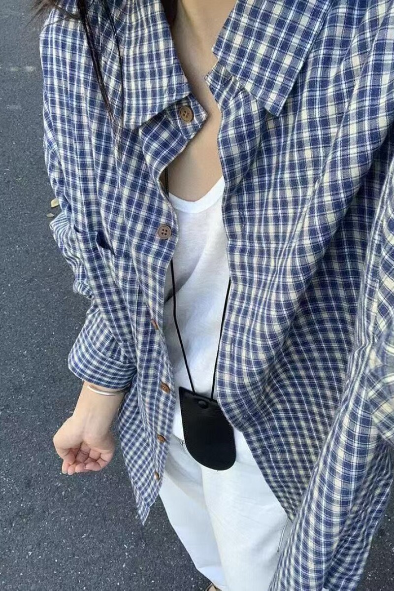 美式复古蓝色格子衬衫女宽松休闲百搭衬衣防晒衫513CS1110P30,男装防晒衣,星座513