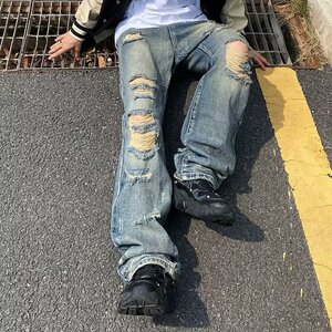 美式高街水洗做旧破洞牛仔裤男夏季潮牌宽松直筒长裤513CK229P40图片
