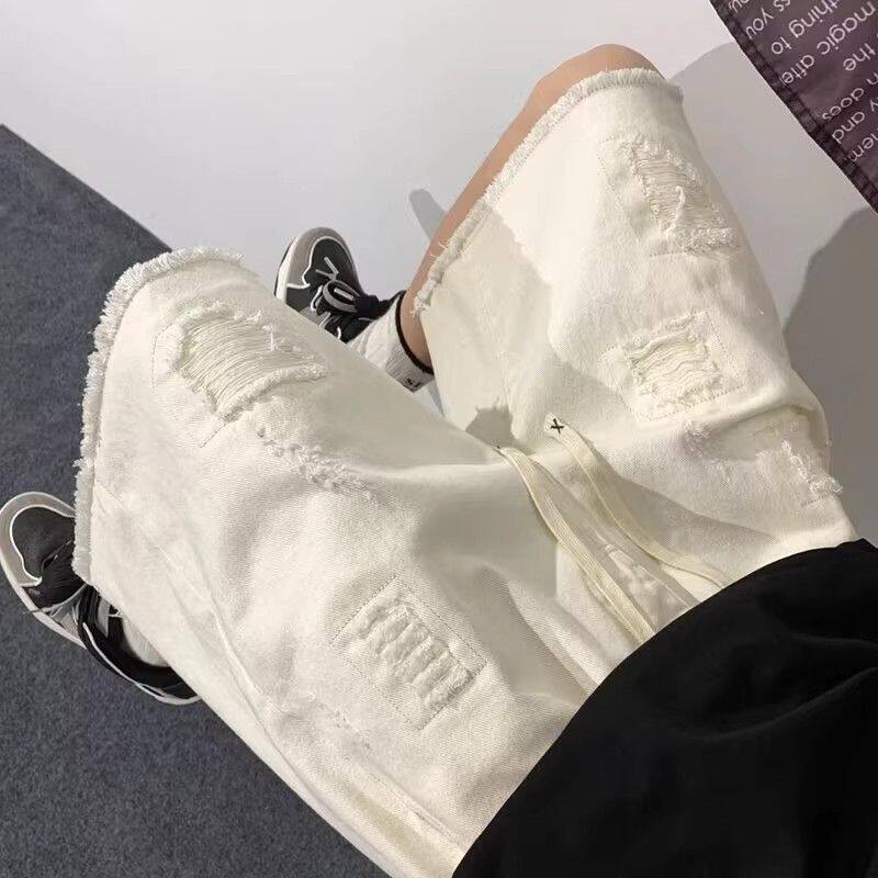 复古高街毛边水洗牛仔短裤男潮夏季宽松直筒五分中裤513DK331P37图片