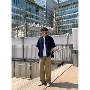 复古翻领盘扣短袖牛仔衬衫男女中性水洗做旧五分袖513DX1427P37图片