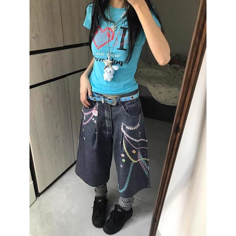 彩色链条垂坠感牛仔裤女夏季新款高街宽松七分短裤513DK437P50,男装牛仔裤,星座513