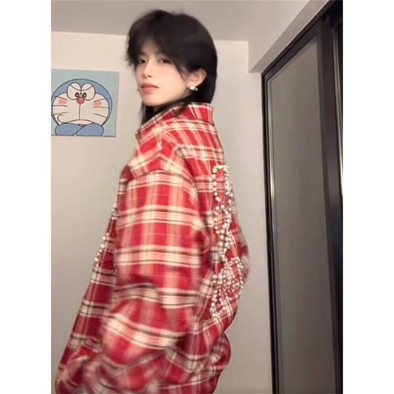 美式复古珍珠字母格纹衬衫长袖休闲男女同款外套衬衣513CS1617P47,女装衬衫,星座513
