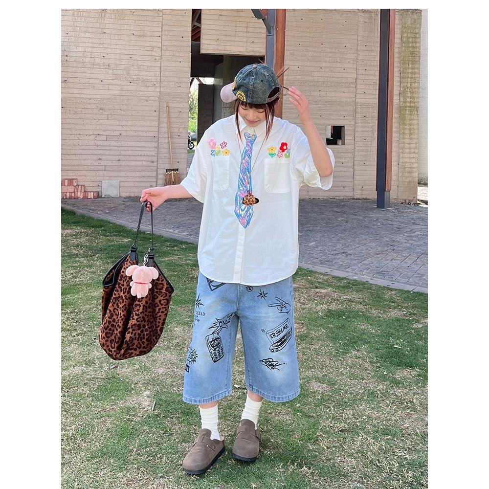 夏季创意趣味手绘涂鸦领带短袖衬衫上衣513DX1113P30,男装T恤,星座513
