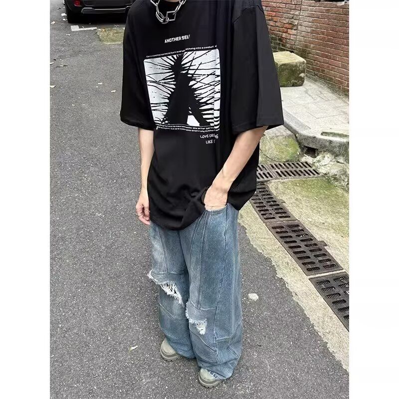 阔腿牛仔裤男女高街宽松阔腿微喇裤街头嘻哈痞帅513CK1149P50,男装牛仔裤,星座513