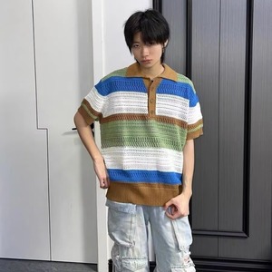 镂空针织polo衫男夏短袖透气条纹时尚翻领休闲半袖513PL131P35图片