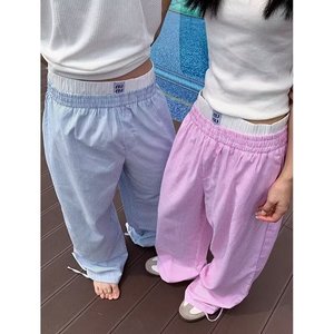 夏新假两件条纹长裤男女宽松休闲阔腿慵懒风直筒裤513CK25P35图片