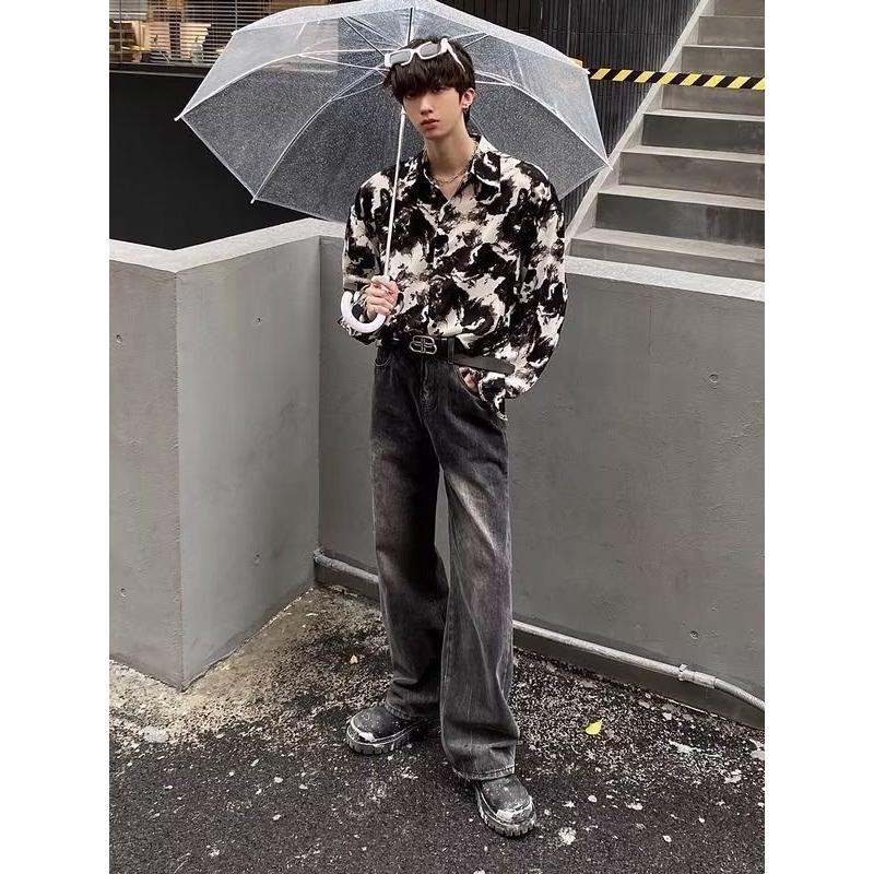 潮牌痞帅网红短袖衬衫男潮流宽松夏季i垂感印花衬衣513CS1340P30,男装衬衫,星座513