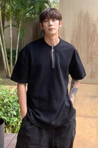 老钱风华夫格半拉链短袖T恤潮男亨利领克罗心百搭宽松513DX979P34图片