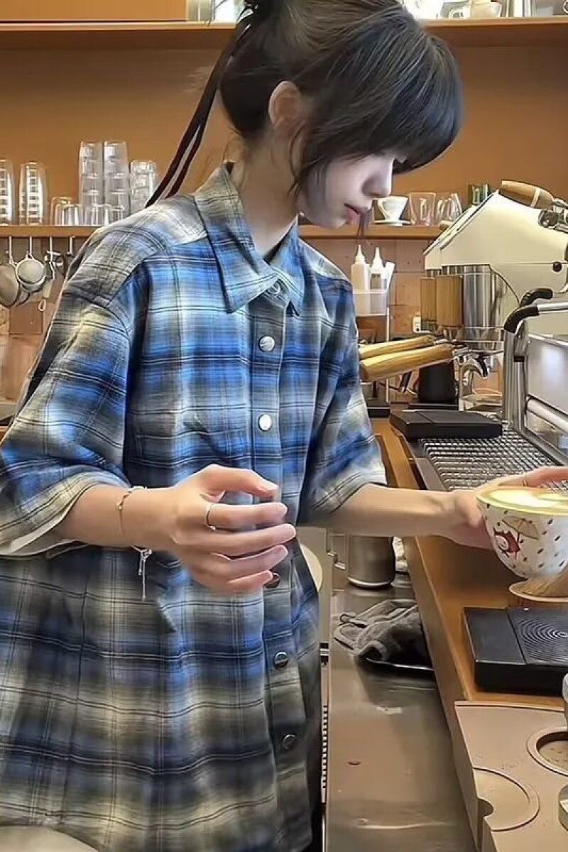 蓝色格子短袖衬衫男女夏季美式潮牌叠穿情侣衬衣513DX1439P30,男装衬衫,星座513