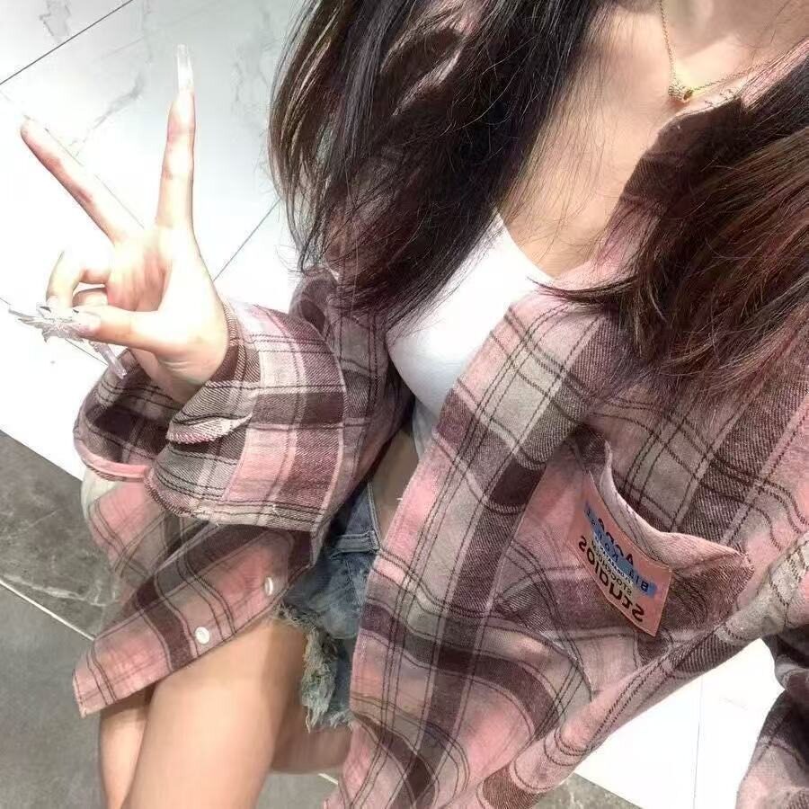 粉色格子复古男女同款衬衣新款宽松开衫防晒长袖衬衫513CX350P30图片