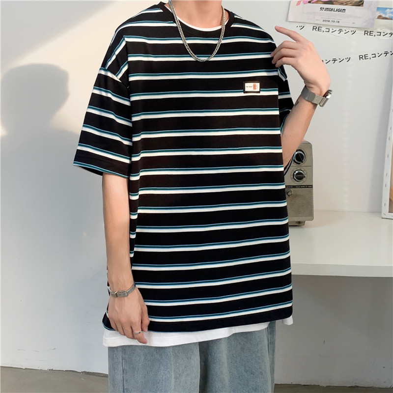 港风夏季韩版条纹宽松打底衫情侣短袖T恤 男 711 T13 P35图片