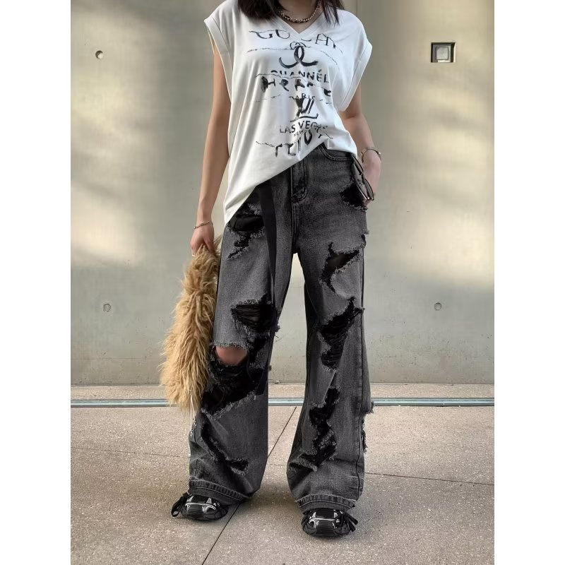 美式高街潮流男女同款破洞乞丐牛仔长裤百搭嘻哈裤子513CK158P45,男装休闲裤,星座513