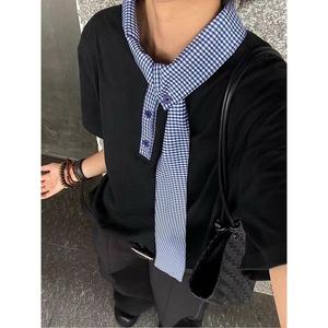 拼接领口短袖t恤男女夏重磅美式情侣半袖嘻哈513DX1152P40图片
