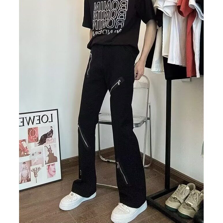 新款美式高街风拉链牛仔裤男潮牌喇叭裤高腰阔腿裤513CK008P35图片