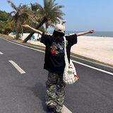 美式复古椰树字母刺绣短袖t恤男女夏季宽松情侣上衣513DX358P32，商品下架区，星座513