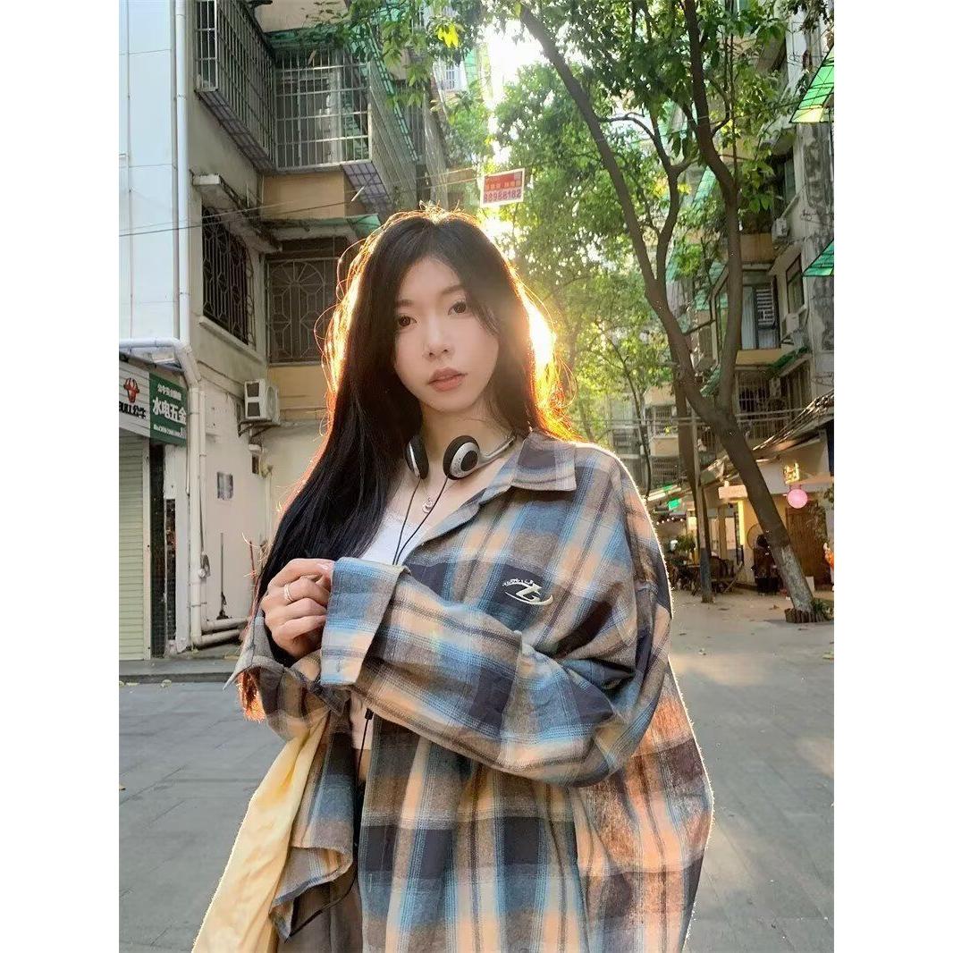 新款休闲宽松内搭叠穿衬衣慵懒复古长袖格子衬衫513CS1208P28,女装衬衫,星座513
