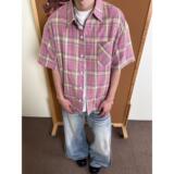 美式复古粉色格子衬衫男女夏季宽松短袖男潮流衬衣513DX1350P35，男装衬衫，星座513