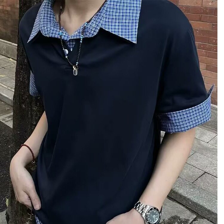 格子翻领假两件拼接短袖上衣夏装短袖t恤女半袖513PL101P35，男装Polo衫，星座513