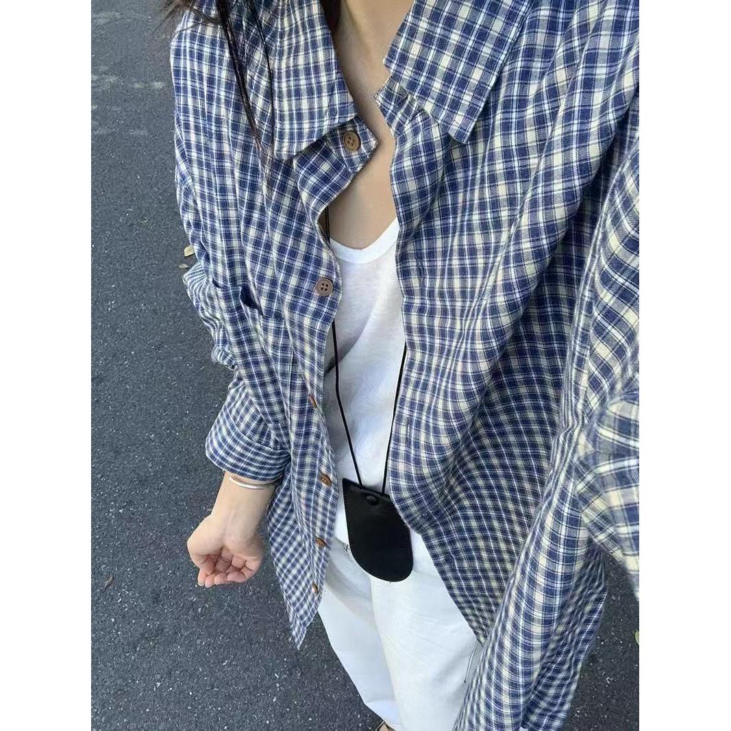 美式复古蓝色格子衬衫女宽松休闲百搭衬衣防晒衫513CS1110P30,男装防晒衣,星座513