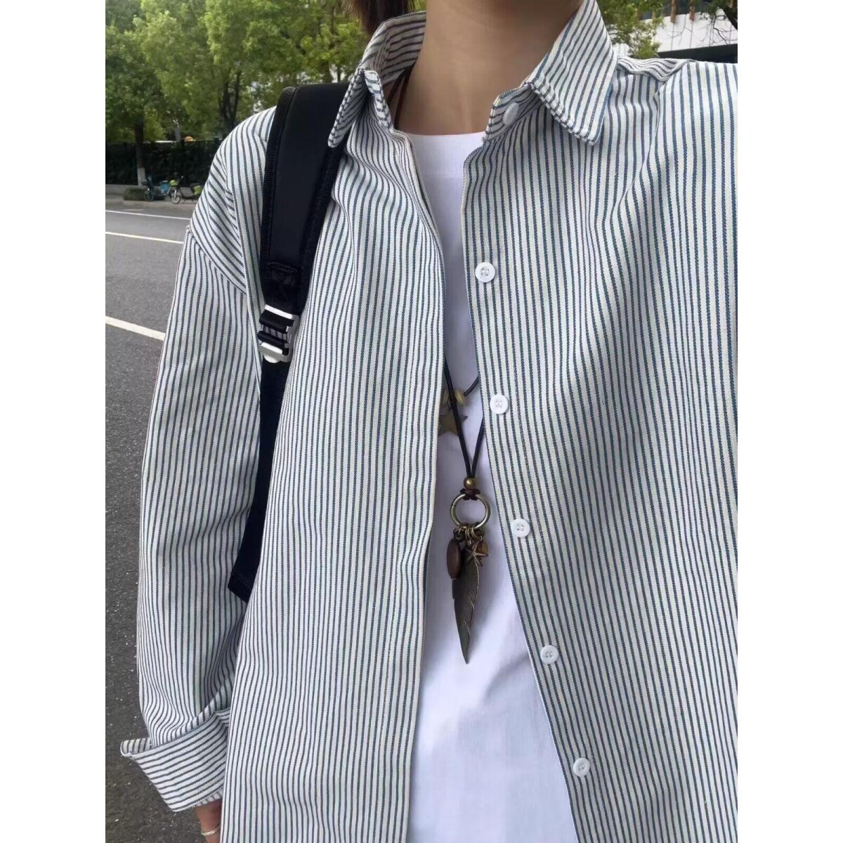 竖条纹衬衫外套男女美式长袖衬衣休闲情侣上衣513CS1507P35,女装衬衫,星座513