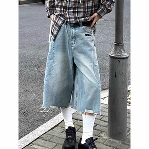 复古高街毛边牛仔短裤男街头直筒宽松阔腿七分裤513DK237P38图片