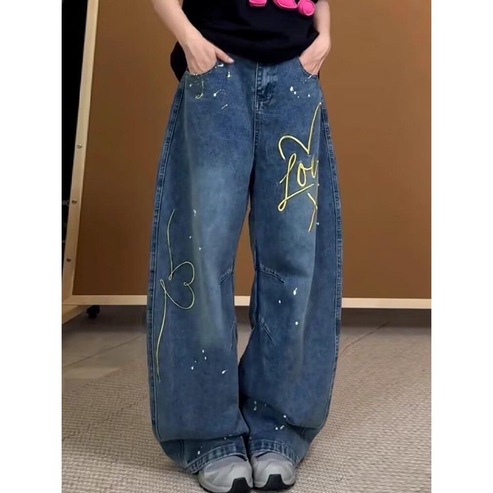 美式复古阔腿牛仔裤女新款涂鸦彩绘显瘦印花拖地裤513CK1491P55，女装牛仔裤，星座513