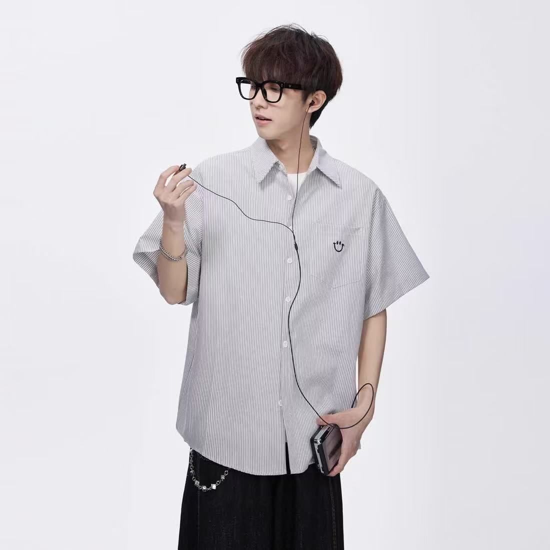 wassuphappy条纹短袖衬衫男夏季2025新款青少年宽松复古休闲外套,男装T恤,星座513