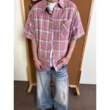 美式复古粉色格子衬衫男女夏季宽松短袖男潮流衬衣513DX1350P35，男装衬衫，星座513