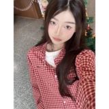 情侣休闲百搭腊肠狗刺绣红白格子衬衫女上衣防晒衣513DX170P35，男装防晒衣，星座513