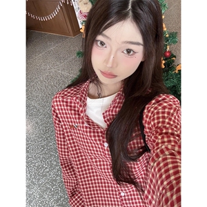 情侣休闲百搭腊肠狗刺绣红白格子衬衫女上衣防晒衣513DX170P35图片