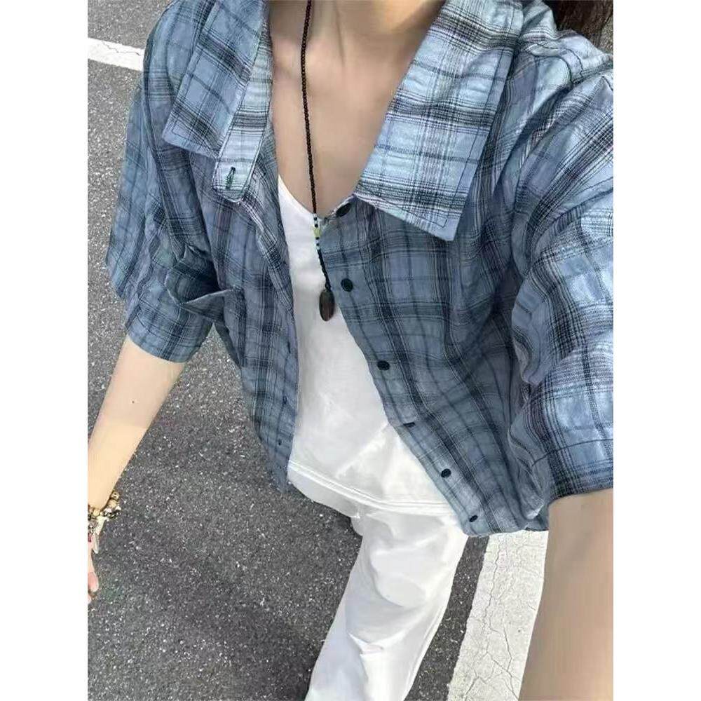 轻薄透气格子短袖衬衫女夏天新款宽松百搭防晒衬衣513DX1465P30,女装衬衫,星座513