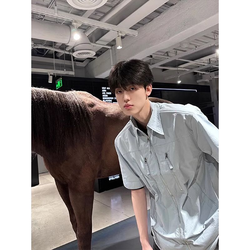 拉链垫肩衬衫男短袖夏季痞帅工装衬衣设计感七分袖513DC1653P38，女装衬衫，星座513