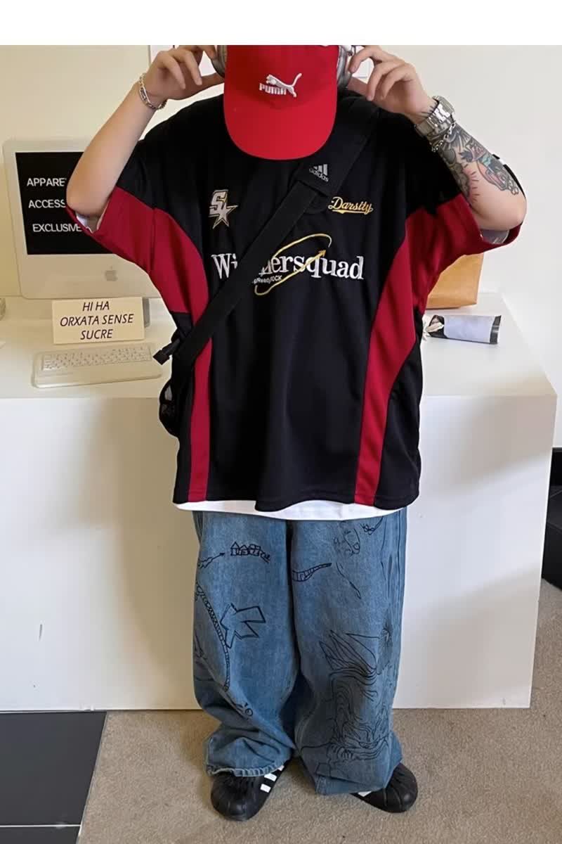 美式复古赛车t恤高街潮牌棒球服短袖男夏季机车513DX194P30,男装T恤,星座513