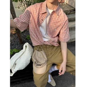 美式潮牌刺绣l格子短袖衬衫男夏情侣宽松百搭衬衣513DX102P37图片