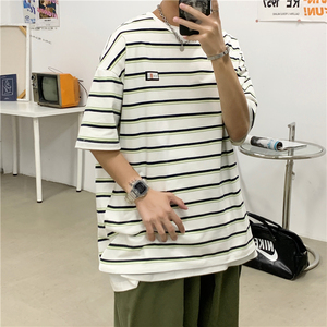港风夏季韩版条纹宽松打底衫情侣百搭时尚短袖T恤男 711 T13 P35图片