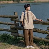 日系学院风男夏新复古条纹衬衫男女宽松短袖衬衣外套513DX110P28，男装T恤，星座513