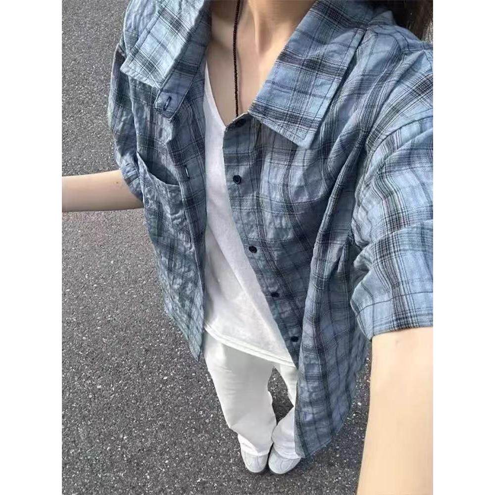 轻薄透气格子短袖衬衫女夏天新款宽松百搭防晒衬衣513DX1465P30,女装衬衫,星座513