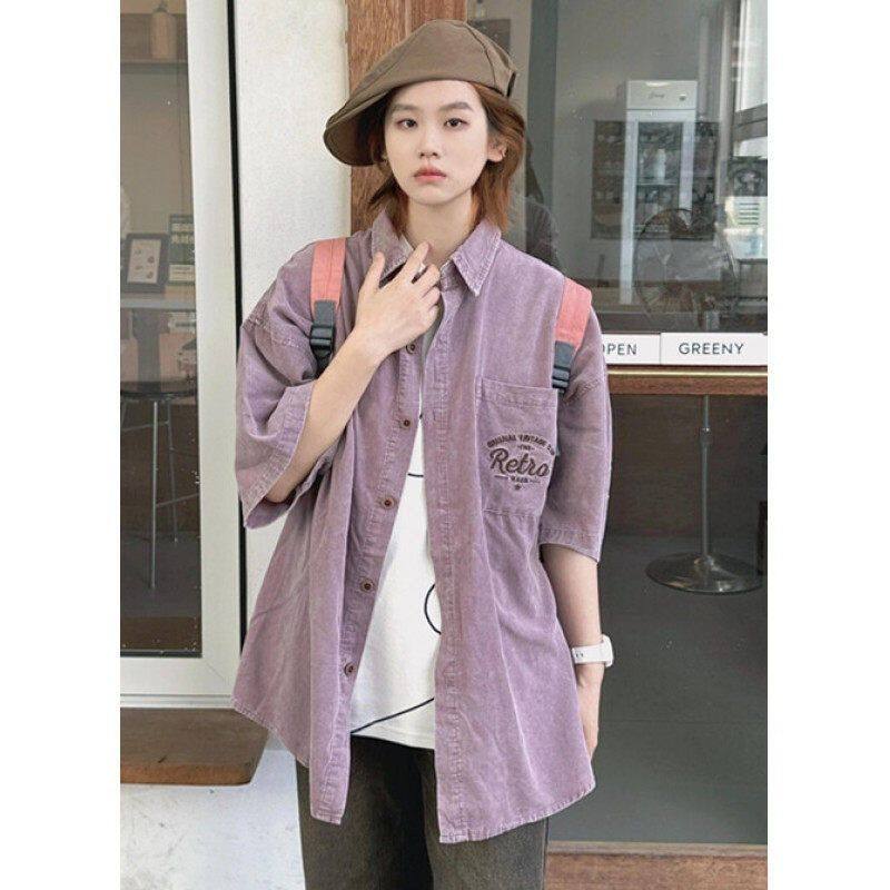 美式復(fù)古紫色顯白短袖襯衫女夏季潮牌中性風(fēng)個性襯衣513DC1702P37，女裝襯衫，星座513
